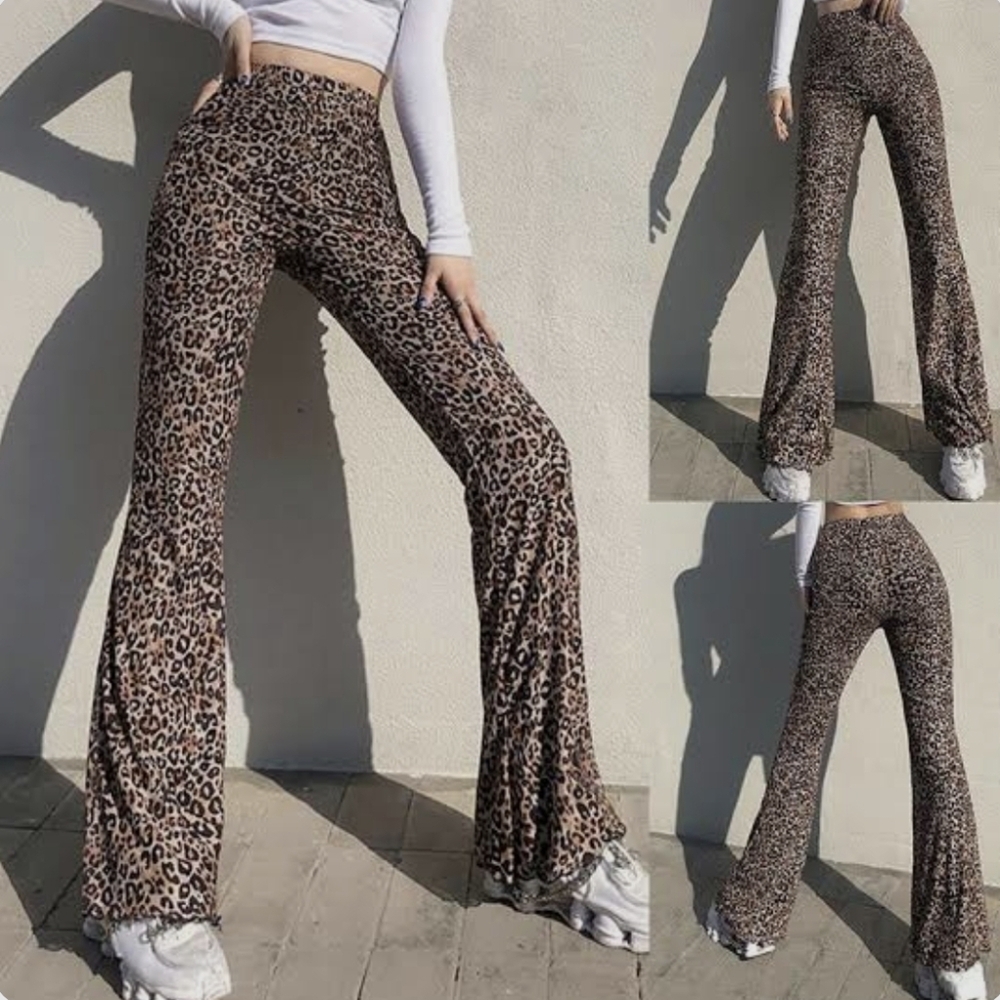Leopard Print High Rise Flare Brown Leggings Soft Y2K Size S Small Lined